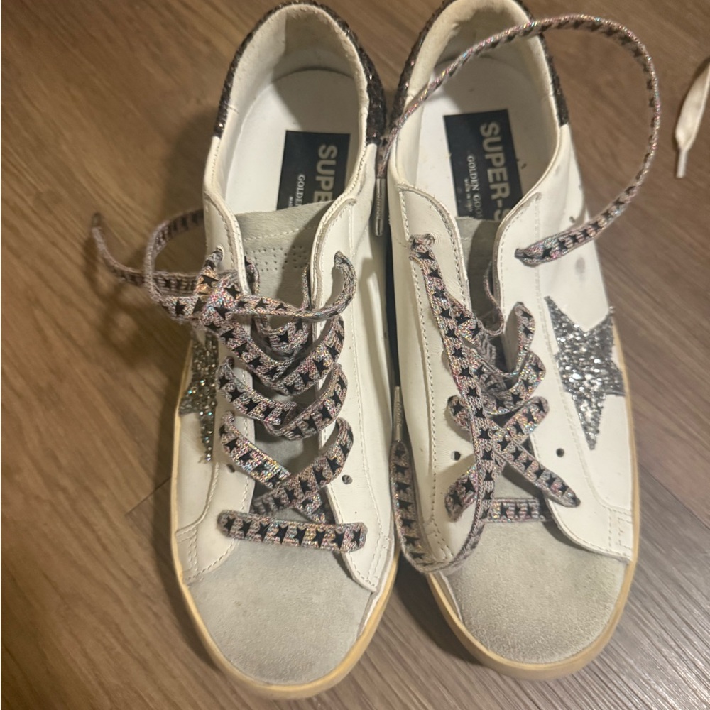 Golden Goose White and Silver Sneakers